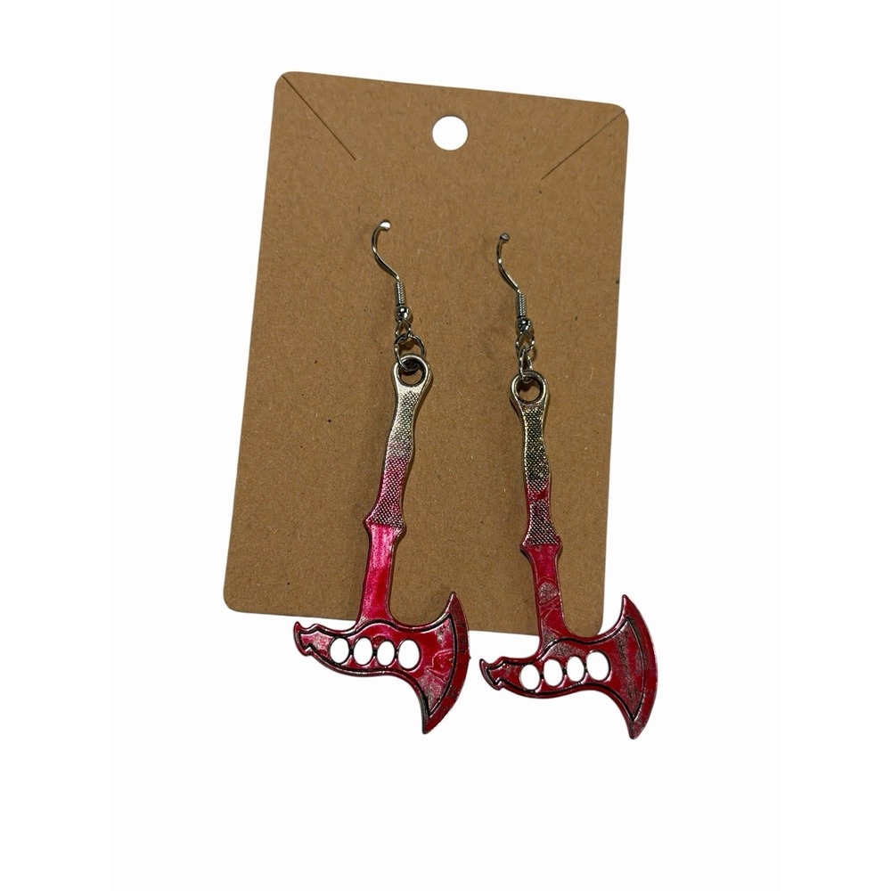 Bloody Axe Dangle Earrings Silver Tone Red Splatter Horror Goth Halloween